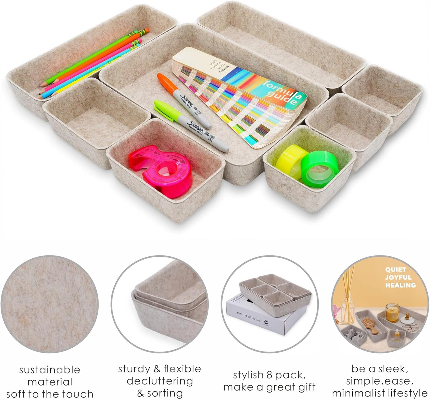 Welaxy Desk Drawer Organizer Tray Set, 8-Piece Office Drawer Organizers for Pens, Makeup, Keys, Crafts, Entryway Catchall, Decluttering Storage (Hot Pink)