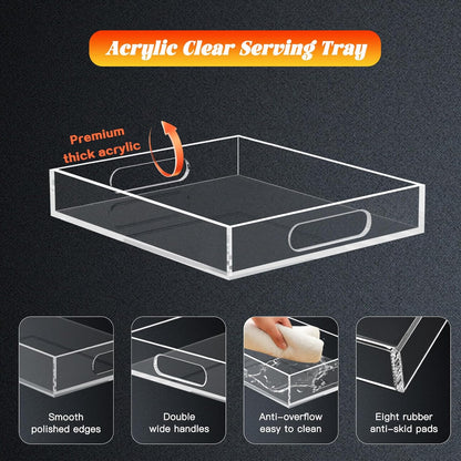 Clear Acrylic Tray with Raised Edges, Multi-Purpose Organizer Tray for Vanity, Bathroom, Kitchen, Countertop, Dresser & Desktop, Waterproof & Scratch-Resistant