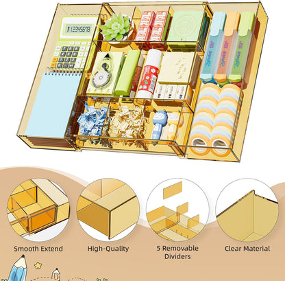 Marbrasse Expandable Desk Drawer Organizer, Clear Plastic Drawer Organizer Tray with 10 Adjustable Compartments, Desk Organizers and Accessories, 5 Drawer Dividers for Office Supplies, Makeup(Black)