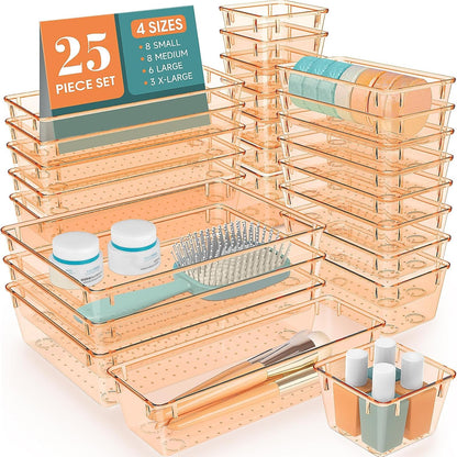 WOWBOX 25 PCS Clear Plastic Drawer Organizer Set, 4 Sizes Desk Drawer Divider Organizers and Storage Bins for Makeup, Jewelry, Gadgets for Kitchen, Bedroom, Bathroom, Office