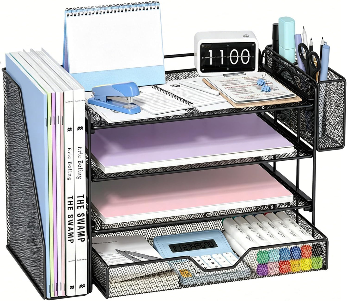OPNICE Desk Organizers and Accessories, 4-Tier Office Desk Accessories & Workspace Organizers with Drawer and Pen Holder, Desktop Paper Tray File Organizer for Home Office Supplies, Gold