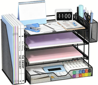OPNICE Desk Organizers and Accessories, 4-Tier Office Desk Accessories & Workspace Organizers with Drawer and Pen Holder, Desktop Paper Tray File Organizer for Home Office Supplies, Gold
