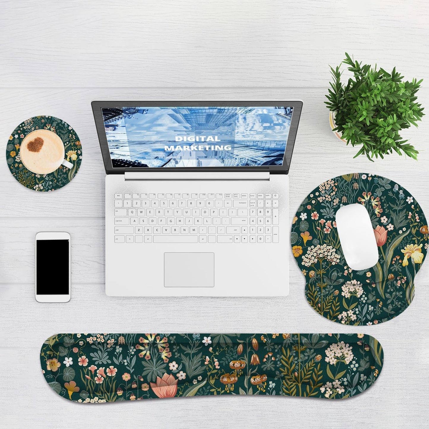 Ergonomic Mouse Pad with Wrist Rest and Keyboard Wrist Rest, Memory Foam Wrist Rest for Computer Keyboard, Easy Typing, Pain Relief, Mouse Pad Wrist Support for Gaming,Office, Laptop, Black Flower