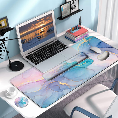Keyboard Wrist Rest + Mouse Pad with Wrist Support + Desk Mat + Coaster 4 in 1 Set, XXL Large Gaming Mousepad Cute Ergonomic Mouse Pads for Desk Computer Laptop Office Decor-Beach