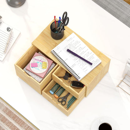 Wisuce Desk Organizer with Drawers - Bamboo Desktop Organizer Storage Natural Wood Desk Drawers Organizer for Bills, Office Supplies, Cosmetics, Seals No Assembly Required 3 Drawers（left-right)