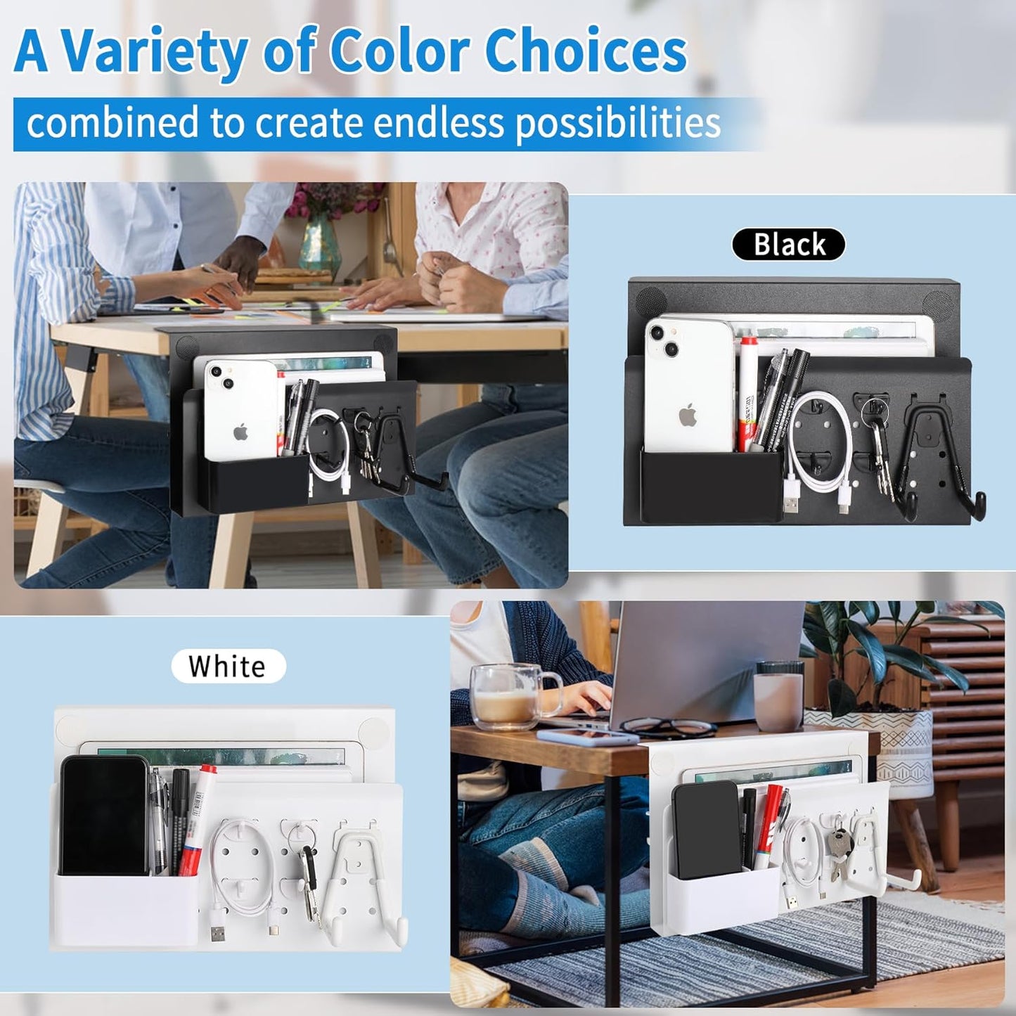 Desk Side Storage with Pen Holder, No Drill Hanging Desk Organizer Under Desk Storage Mount, Clamp-On Laptop Holder Table Side Tray Desktop Organization for Office and Home (Black)