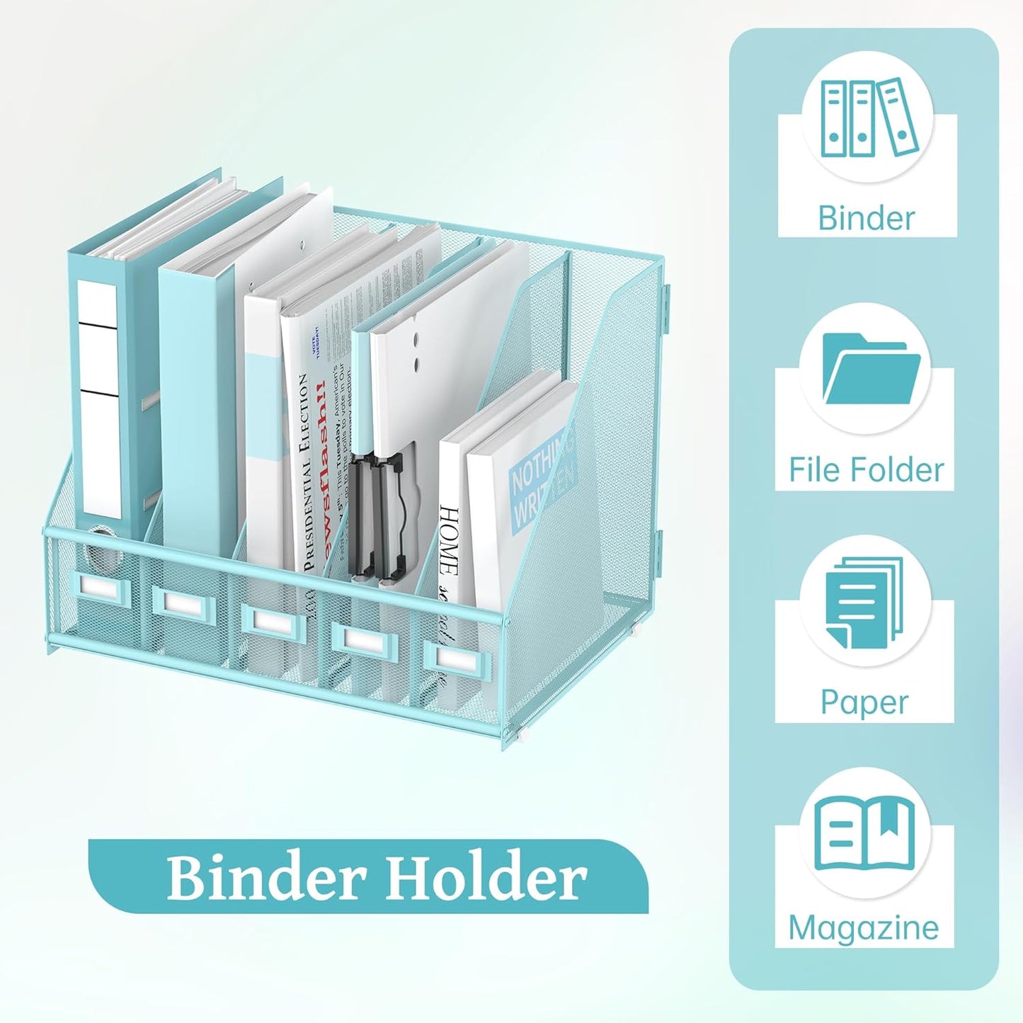 SUPEASY Desk Organizers Metal Desk Magazine File Holder with 5 Vertical Compartments Rack File Organizer for Office Desktop, Classroom, Home Workspace, Black