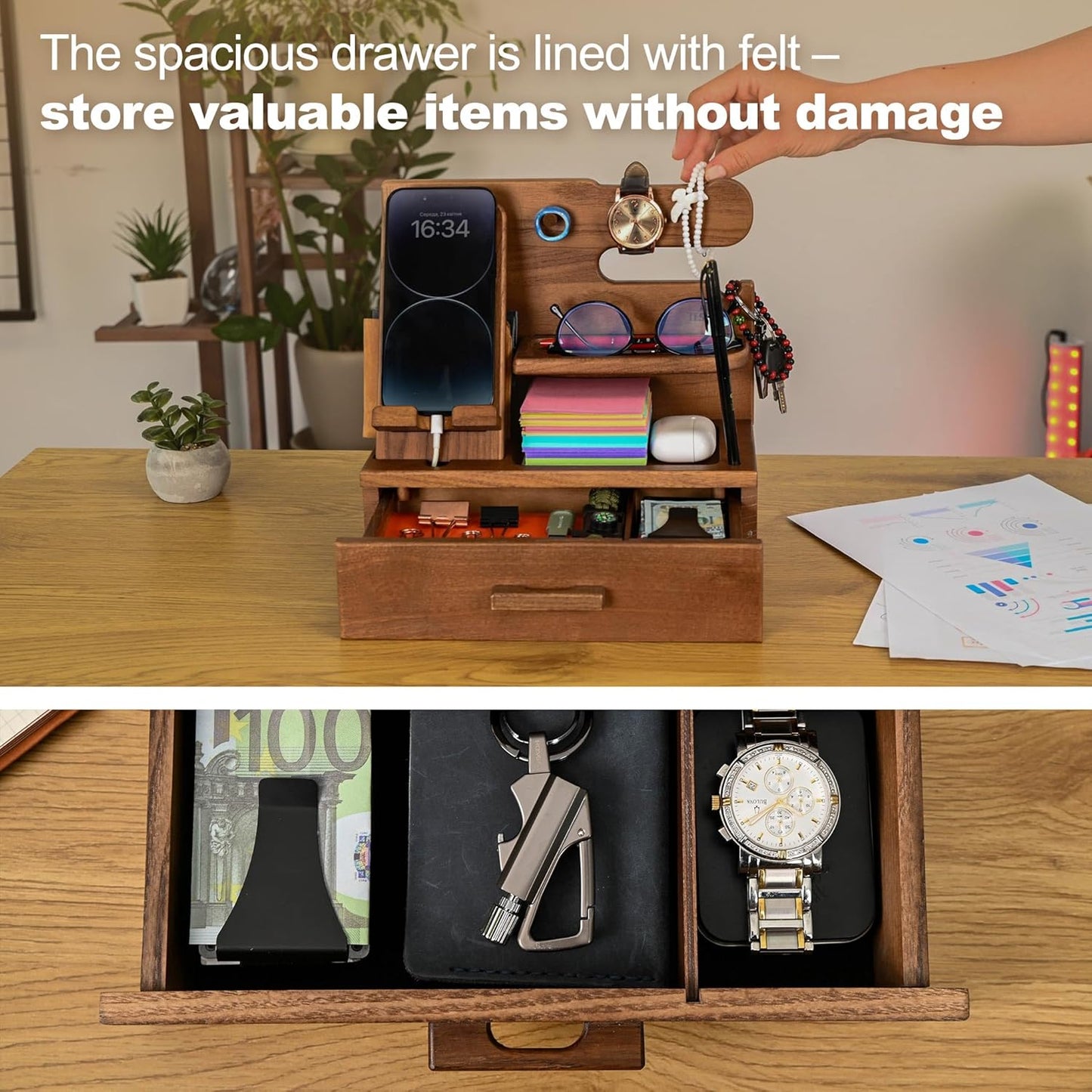 TESLYAR Wood Phone Docking Station with Drawer - Nightstand Organizer - Desk Organizer for Husband - Birthday Gifts for Men, Dad, Anniversary Idea, Key Holder Stand Watch & Accessories (Antique Brown)