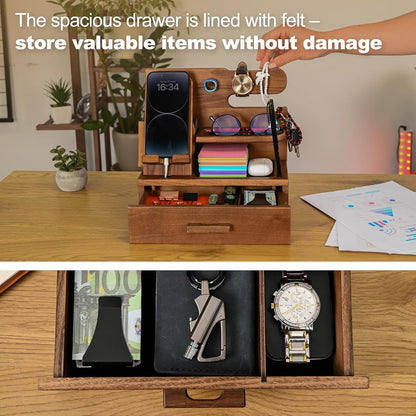 TESLYAR Wood Phone Docking Station with Drawer - Nightstand Organizer - Desk Organizer for Husband - Birthday Gifts for Men, Dad, Anniversary Idea, Key Holder Stand Watch & Accessories (Antique Brown)