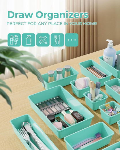 BiuLeon 25 PCS Plastic Drawer Organizers Set, 4-Sizes Vanity and Makeup Organizer, Desk and bathroom Drawer Organizer Trays, Organizers and Storage for Makeup, Jewelry, Gadgets, Utensils (Pink)
