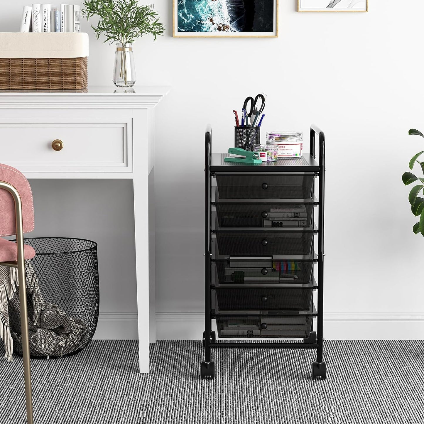 4-Tier Utility Cart with 4 Drawers, Rolling Utility Cart with 2 Lockable Caster Wheels, Multipurpose Mobile Rolling Drawer Cart for Office Bathroom Kitchen, Ivory White