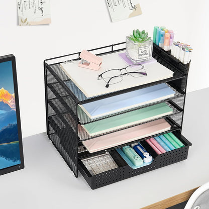 LEKETREE Desk Organizers and Accessories, 5-Tier Paper Letter Tray Organizer with File Holder, Desktop Organizer for Office Supplies (Black)