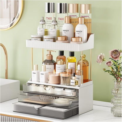 StorBin 3 Large Drawers Makeup Organizer - 5 Tier Bathroom Counter Organizers and Storage, Versatile Perfume Vanity Organizer, Ideal for Cosmetic, Large Skincare, Face Mask, Office Supplies, Amber