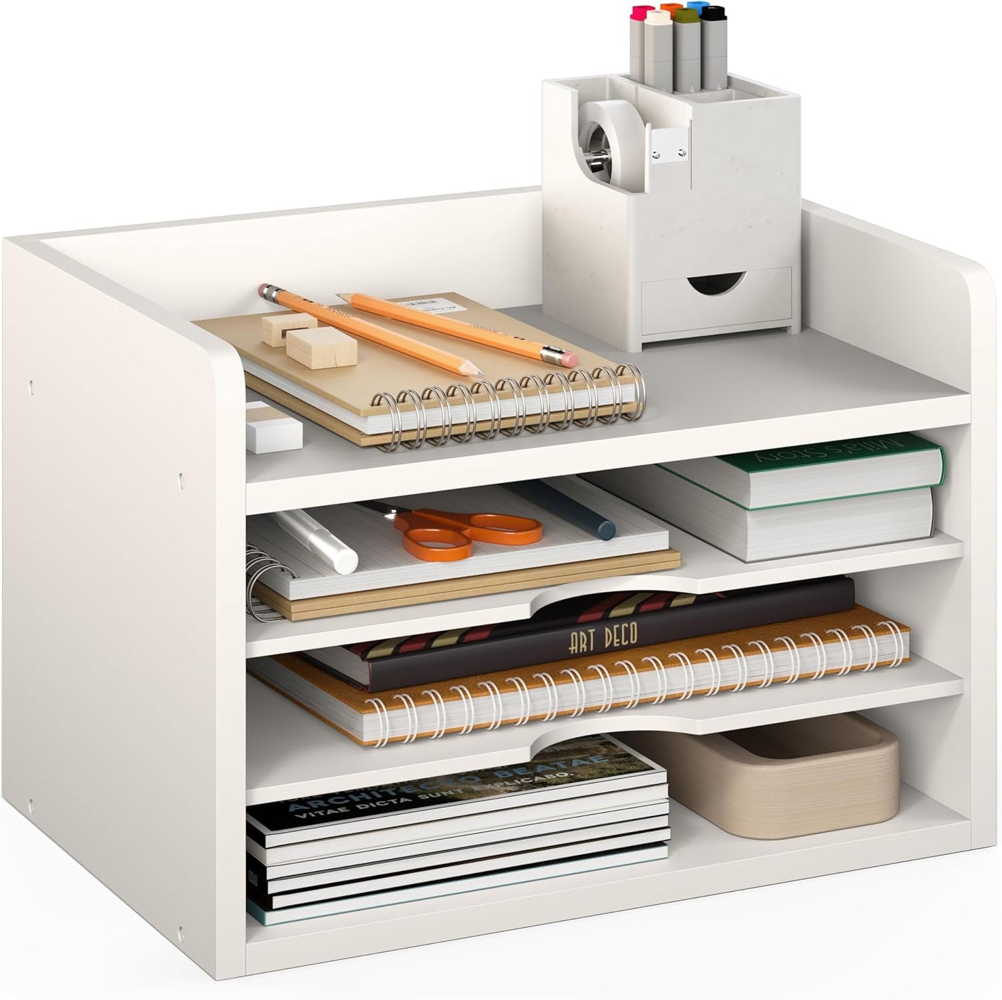 Ballucci File Organizer, 2-Tier Document Paper Sorter, Stackable Wood Desk Organizer Mail Holder, Monitor Stand with Storage Shelves, White