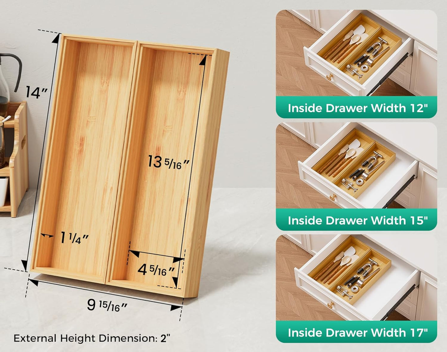 Bamboo Kitchen Drawer Organizer Set of 2, Stackable 15" x 6" Wood Silverware Utensil Tray for Drawers Bins, Cutlery & Flatware Storage – Wooden Boxes Organizers for Junk Drawer, Bathroom, RV