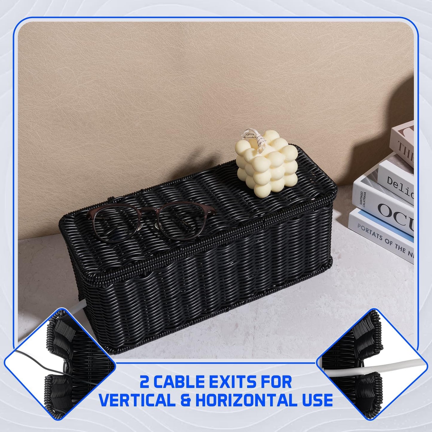 Cable Management Box, Handmade Rattan Cable Organizer with 2 Open Slots, Cord Hider for Power Strip, Router & USB Hub, Registered U.S. Design Patent (D1,112,102), 13" x 5.1" x 5.1", Natural