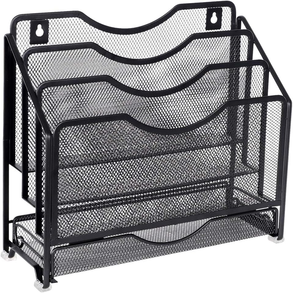 EasyPAG Mesh Desk Paper Organizer Wall Hanging File Holder with 3 Upright File Organizer and Sliding Drawer,Black