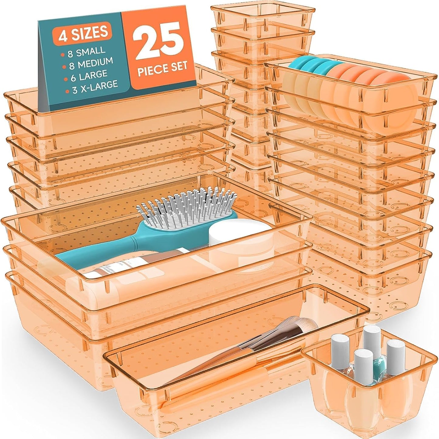 SpaceHacks 25 PCS Plastic Drawer Organizer Set, 4-Size Versatile Organizer Tool Trays & storage Bins for Makeup, Jewelry, and Gadgets in Bathroom, Bedroom and Office,Clear Black