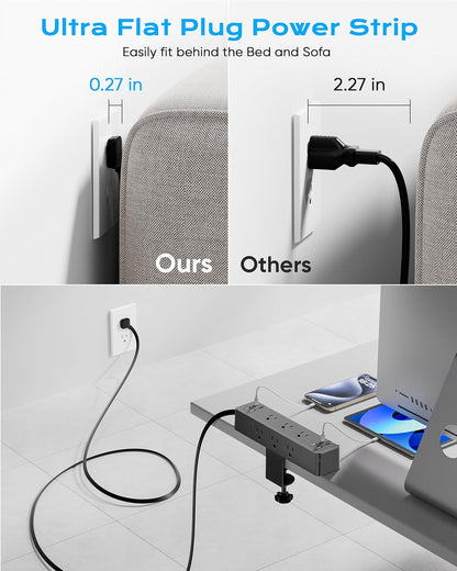Flat Plug Desk Clamp Power Strip 10FT, 40W Total Fast Charging Station, Dual PD 20W USB C Ports, Desk Edge Mount Power Strip 9 AC Outlets 8 USB Ports(4 USB C) Surge Protector, Fit 1.7" Tabletop Edge