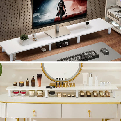 La Jaco 47 Inch Extra-Long Dual Monitor Stand Riser for 2 Monitors, Desk Shelf TV Riser Blocks, Wood and Steel Desktop Riser for Computer, Laptop, Printer, Home Office Organization, White