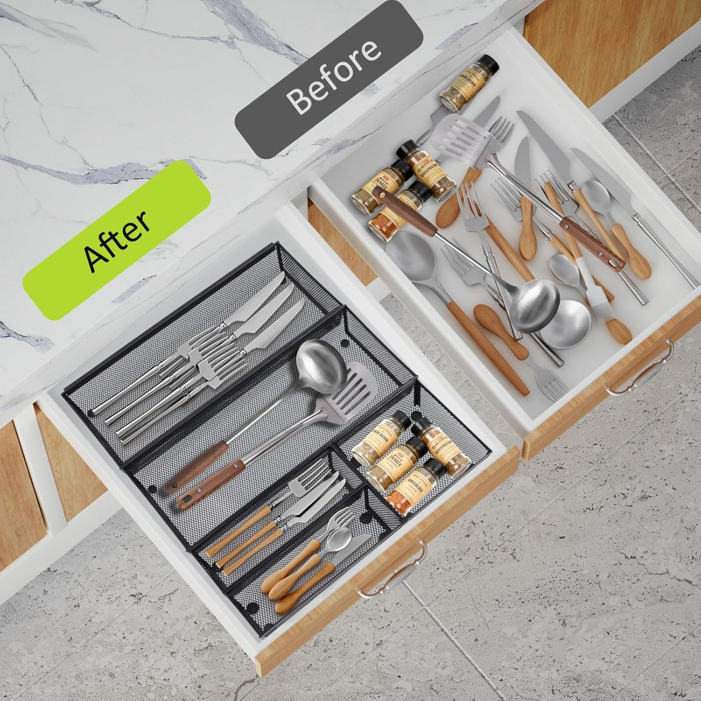Neudeco Drawer Organizer Set 6 Pack - 5-Compartment Silverware Organizer Tray + 5 Utensil Trays, Kitchen Drawer Organizer for Flatware, Cutlery, Office Supplies, Black Mesh, Non-Slip.