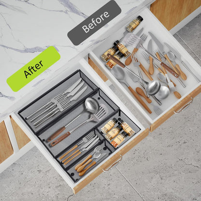 Neudeco Drawer Organizer Set 6 Pack - 5-Compartment Silverware Organizer Tray + 5 Utensil Trays, Kitchen Drawer Organizer for Flatware, Cutlery, Office Supplies, Black Mesh, Non-Slip.
