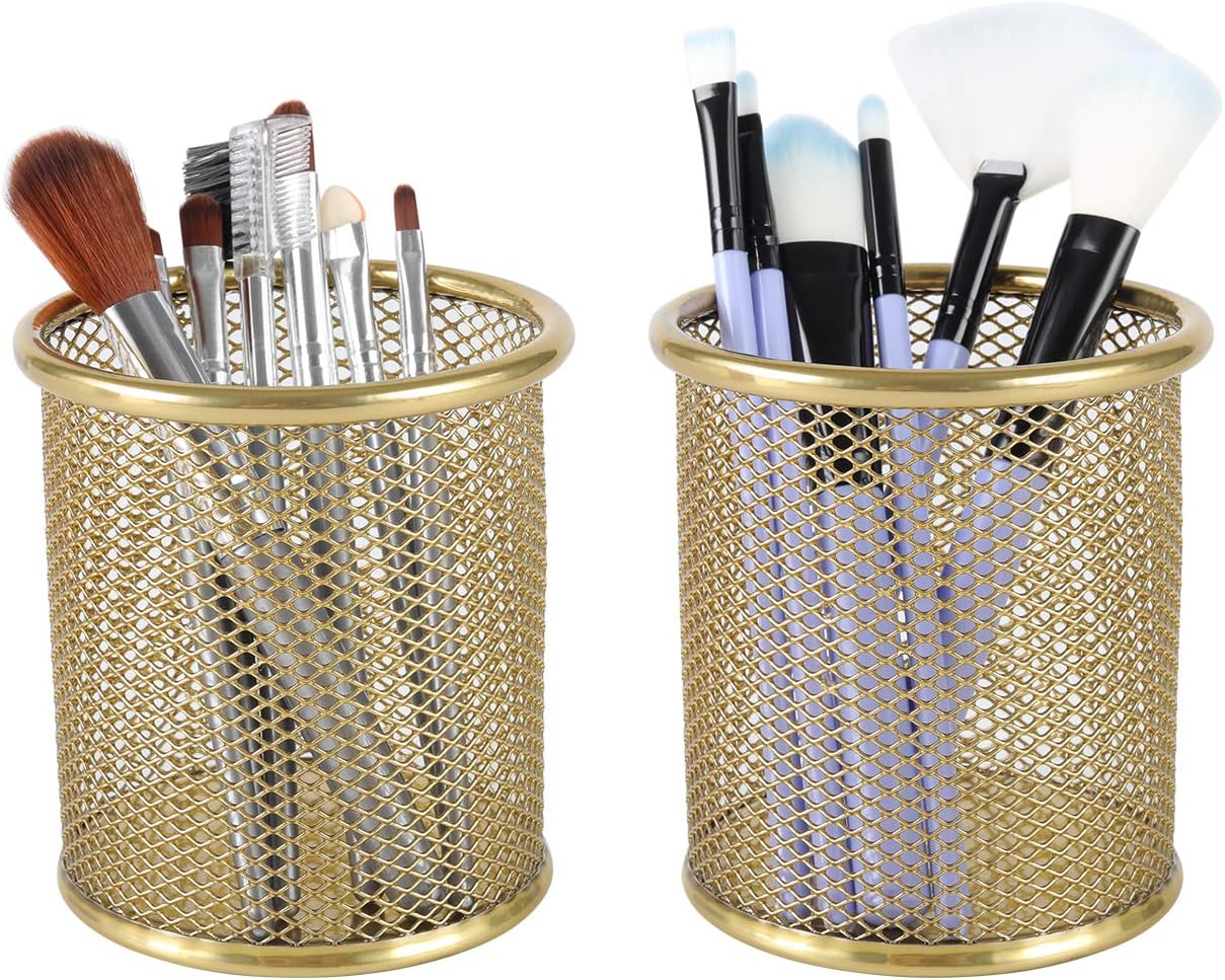 PAG Pencil Holder for Desk, 2 Pack Desktop Pen Cup, Office Supplies Desk Organizers and Accessories Organization, Makeup Brush Holder, Gold