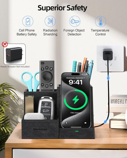 Wireless Charger with Desk Organizer, Pen Pencil Holder, Multifunctional Desktop Organizer, Office Supplies and Desk Accessories Organizer with 3 Compartments and 1 Phone Stand