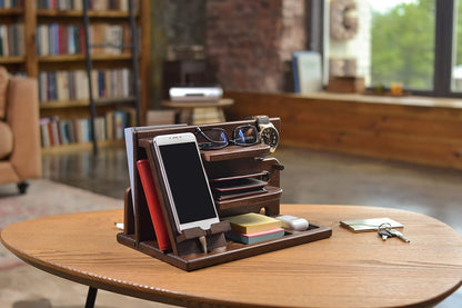 TESLYAR Wood Phone Docking Station for Men - Desktop or Nightstand Organizer - Birthday Gifts for Men, Dad - Anniversary Idea from Wife - Key Holder, Stand Wallet, Watch & Essentials (Granite Black)