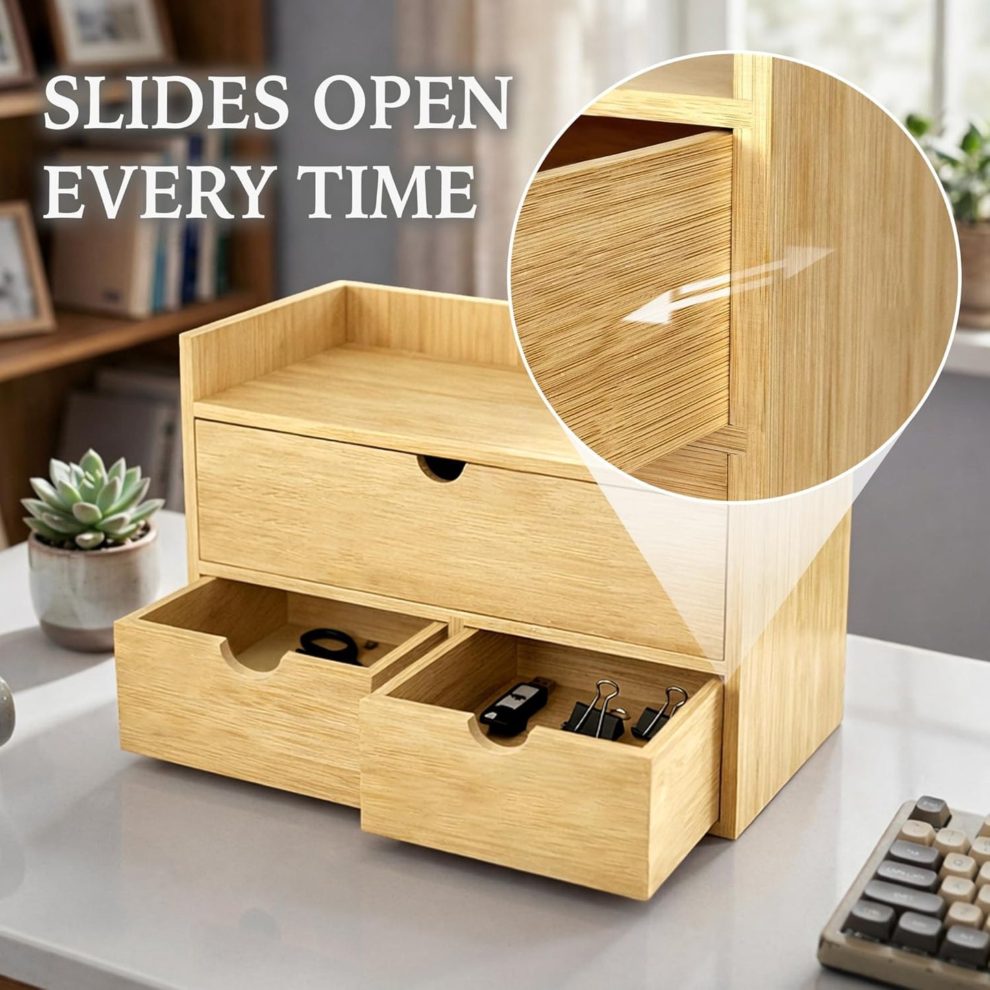Bamboo Desk Organizer with 3 Drawers and Shelf, Desktop Drawers 13.4 x 7.3 x 8.1 Inches Countertop Storage Box for Office Supplies Makeup Kitchen, Wooden Tabletop Drawer No Assembly Required