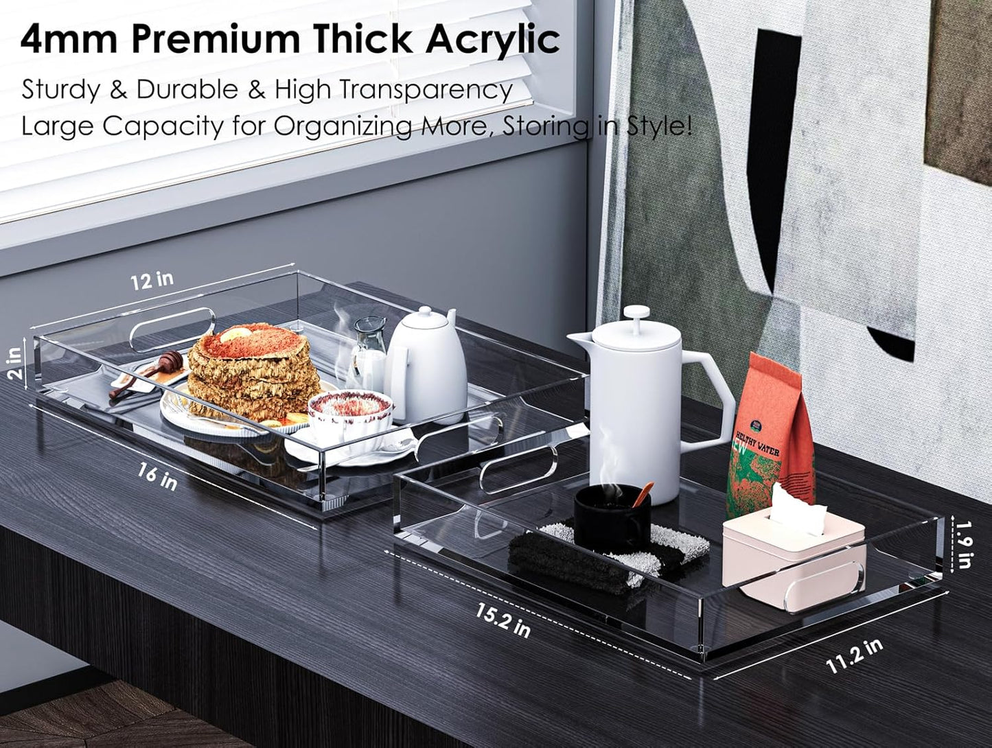 2 Pack Serving Tray with Handles, Clear Acrylic Tray for Serving Food, Large Outdoor Food Trays for Eating, Lucite Acrylic Trays for Appetizer, Pizza, Fruit and Drinks, Unbreakable, 16"×12"