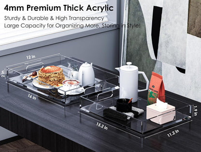 2 Pack Serving Tray with Handles, Clear Acrylic Tray for Serving Food, Large Outdoor Food Trays for Eating, Lucite Acrylic Trays for Appetizer, Pizza, Fruit and Drinks, Unbreakable, 16"×12"
