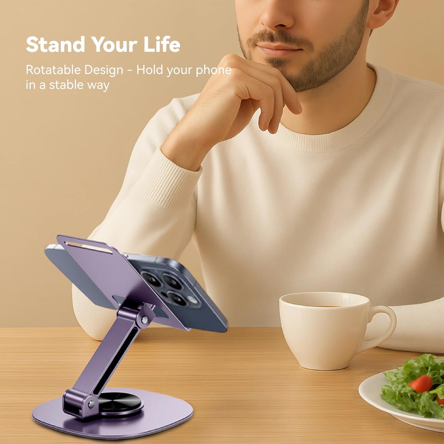 360° Rotating Metal Phone Stand - Adjustable Mobile Kickstand for All Smartphones, Compatible with iPhone, Samsung & More - Ideal for Desk, (Silver Gray)