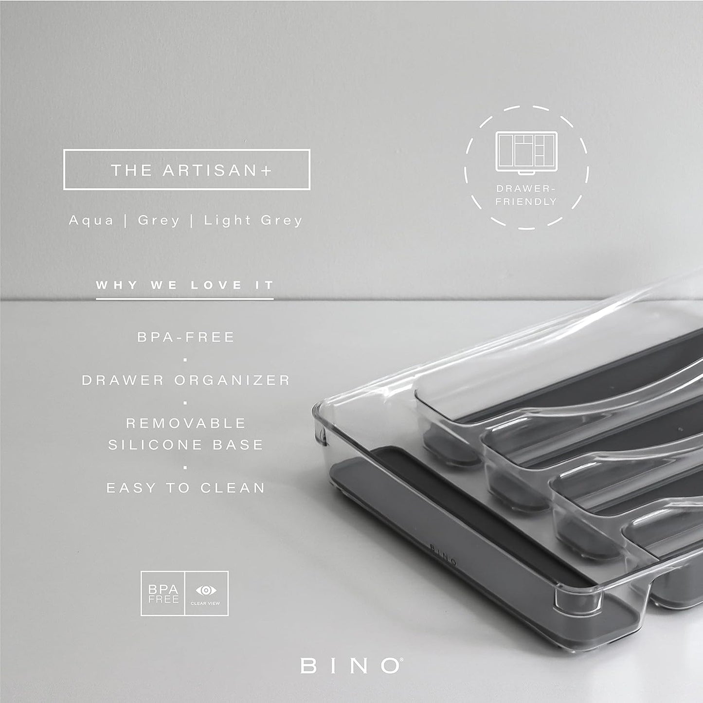 BINO 5-Slot Silverware Organizer for Drawer | Plastic Utensil Kitchen Drawers Tray Organization w/Grip Lining (Light Grey)
