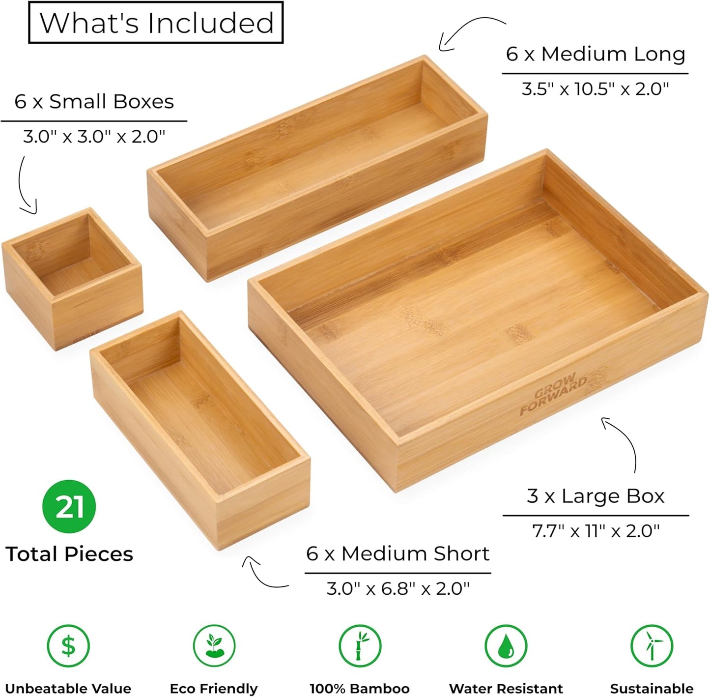 Grow Forward Bamboo Drawer Organizer Boxes - Set of 14 Wooden Drawer Organizers for Kitchen, Bathroom, Office, Desk, Vanity, Makeup - Non-Slip Junk Drawer Organizer Trays for Storage and Organization