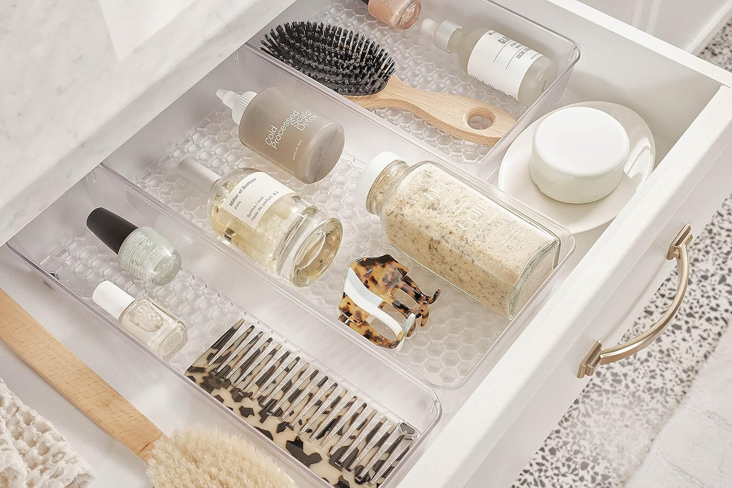 Spectrum Hexa 6 x 12 Drawer Organizer for Kitchen Utensils with Innovative Honeycomb Base Design, Silverware Tray for Cutlery and Flatware Storage, Bathroom Vanity or Desk Solution, Clear Frost