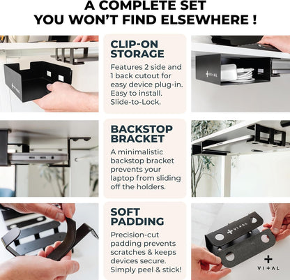 VI+AL Under Desk Laptop Mount - Hidden Metal Shelf with Side Storage, Hook & Cable Organizer - Installs with Tape & Screws - Fits Devices up to 1.7" Thick - Deluxe + LED (USB Light Strip & Remote)