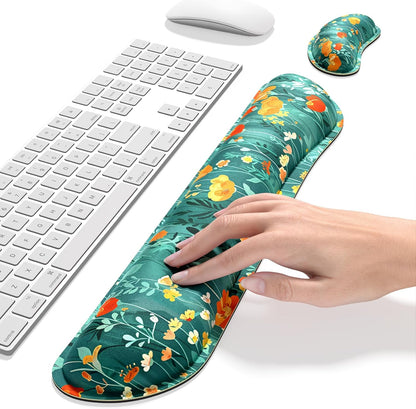 Dapesuom Enlarge Keyboard Wrist Rest, Memory Foam Wrist Cushion for Desk Mats Support, Cute Pain Relief Keyboard Mouse Pad Rests Set with Non-Slip Base for Gaming Laptop Office Computer, Green Leaf