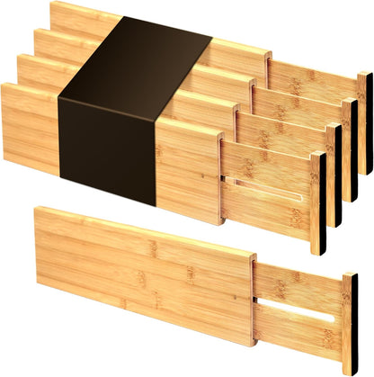 Utoplike 4 pcs Bamboo Kitchen Drawer Dividers Large, Adjustable Drawer Organizers, Spring Loaded, Expandable Organization Works in Kitchen, Dresser, Bathroom, Bedroom, Drawer, Desk