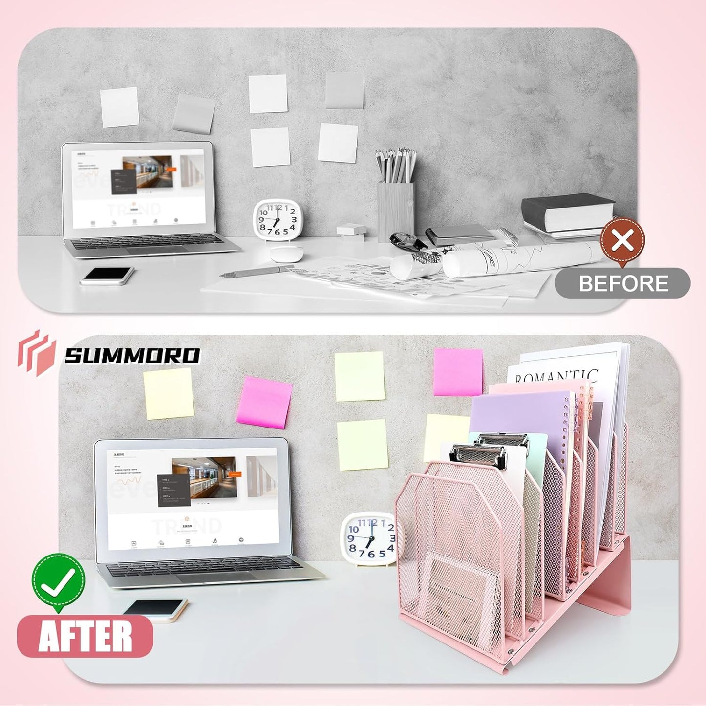 SUMMORO Inclined File Organizer for Desk, 7-Section Vertical File Folder Holder Office Desk Organizer Metal Rack File Wire Mesh Desktop Document Sorter for Office School Classroom Home (Black)