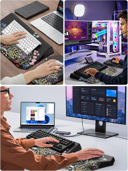 3-in-1 Ergonomic Keyboard Stand with Wrist Rest & Mouse Pad Set, Comfy Keyboard Riser Holder Soft Mousepad with Massage Design, Memory Foam and Non-Slip PU Base for Pain Relief, Black