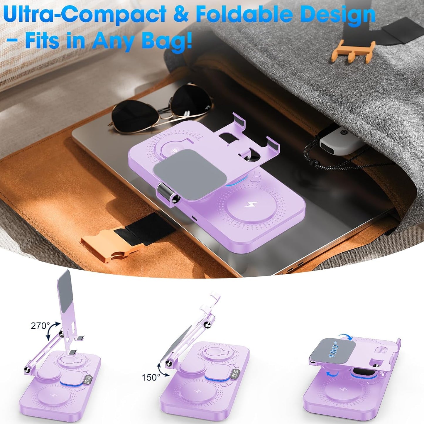 6 in 1 Wireless Charger for Apple Device, 30W Foldable Wired Charging for ipad with Clock & 7 Color Ambient Light, Nightstand Charger Station for iPhone 17/16/15/iWatch Series/AirPods 4/Pro 3(Purple)