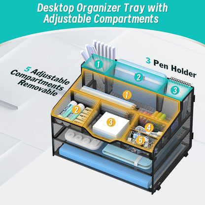 5 Tier Mesh Desk Organizer,Multi Functional Letter Paper Tray with 3 Pen Holders and 5 Adjustable Storage Compartments for Office Supplies Files and Mail Space Saving Desktop Organizer-Black