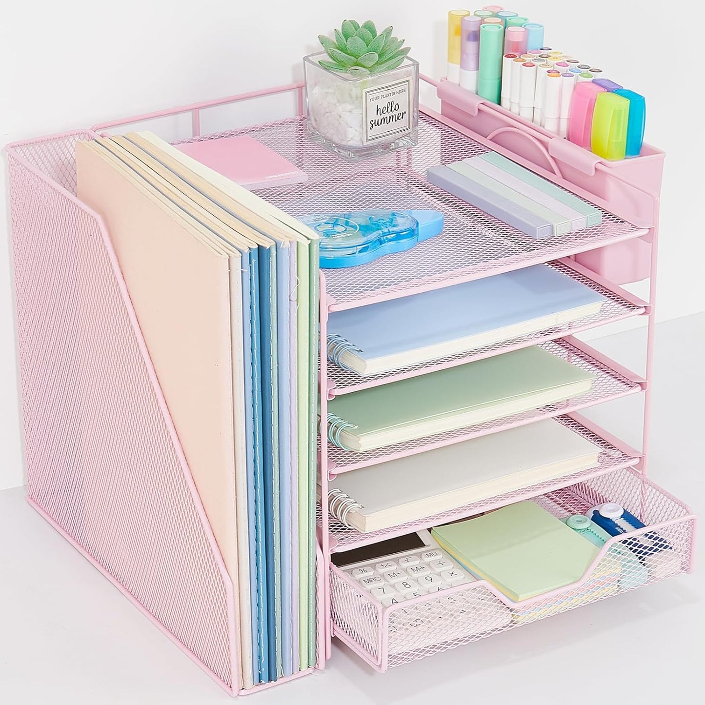 Desk Organizer, 5-Tier Paper Letter Tray Organizer with File Holder, Drawer and Pen Holder, Desktop Organizer for Office Supplies, Black