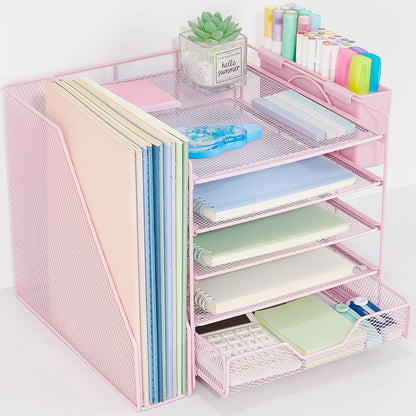 Desk Organizer, 5-Tier Paper Letter Tray Organizer with File Holder, Drawer and Pen Holder, Desktop Organizer for Office Supplies, Black