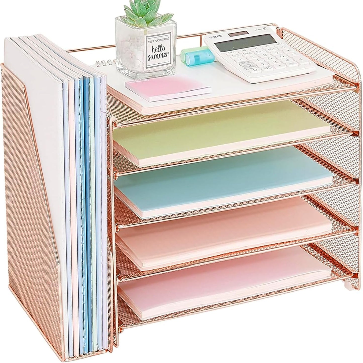 OPNICE Desk Organizer, 5-Tier Paper Organizer Letter Tray with Magazine Holder, Office Desk Accessories & Workspace Organizers, Desktop File Organizer for Office Supplies Storage, Black