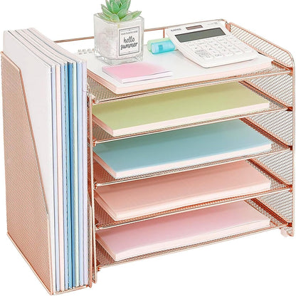OPNICE Desk Organizer, 5-Tier Paper Organizer Letter Tray with Magazine Holder, Office Desk Accessories & Workspace Organizers, Desktop File Organizer for Office Supplies Storage, Black