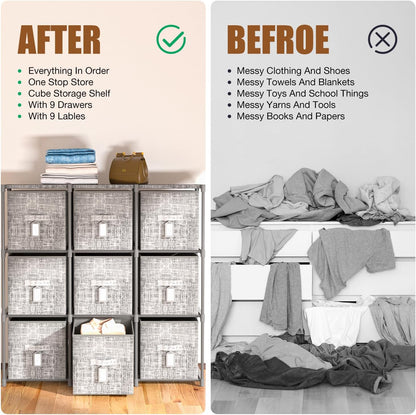 LUKYTOWER Cube Storage Organizer Shelf with Printed Bins + Labels, Cubby Storage Organizer with Bins, Large Capacity Shelves for Storage,Closet, Living Room, Dorm, Yarn (Grey, 6 Cube)