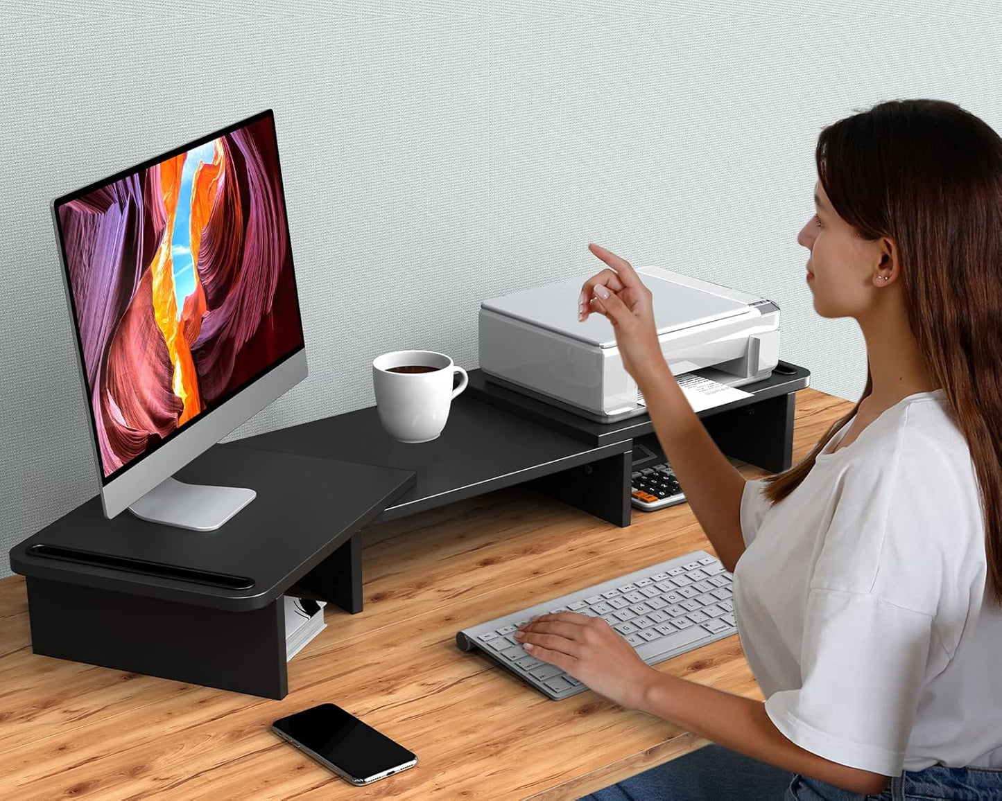 Zimilar Dual Monitor Stand Riser, Monitor Stand with Adjustable Length and Angle, Wood Monitor stand for desk, Monitor Riser for 2 monitors with Storage Space(Rust Brown Large)