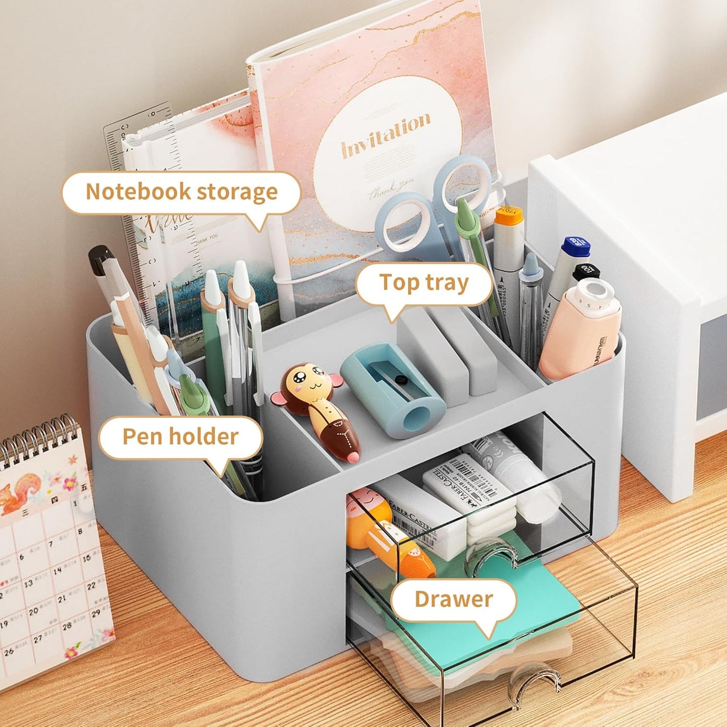 Marbrasse Pen Organizer with 2 Drawer, Multi-Functional Pencil Holder for Desk, Desk Organizers and Accessories with 5 Compartments + Drawer for Office Art Supplies (White)
